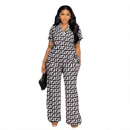 Women Printed V neck Pleating Wide Leg Pants Two Piece Set