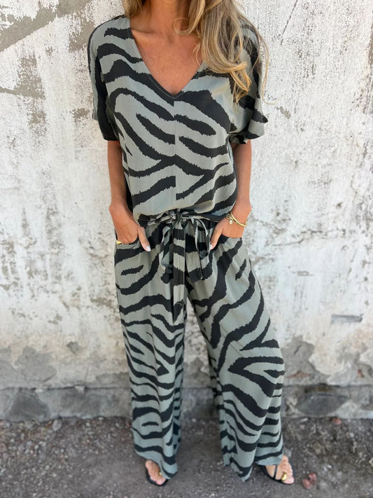Spring Summer Zebra Pattern V neck Lace up Top Wide Leg Pants Two Piece Sets