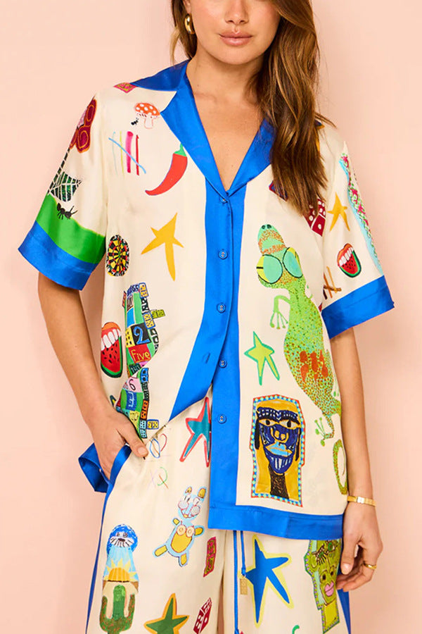 Graffiti Printing Satin Short Sleeve Collared Shirt Trousers Casual Two Piece Suit Amplified craft
