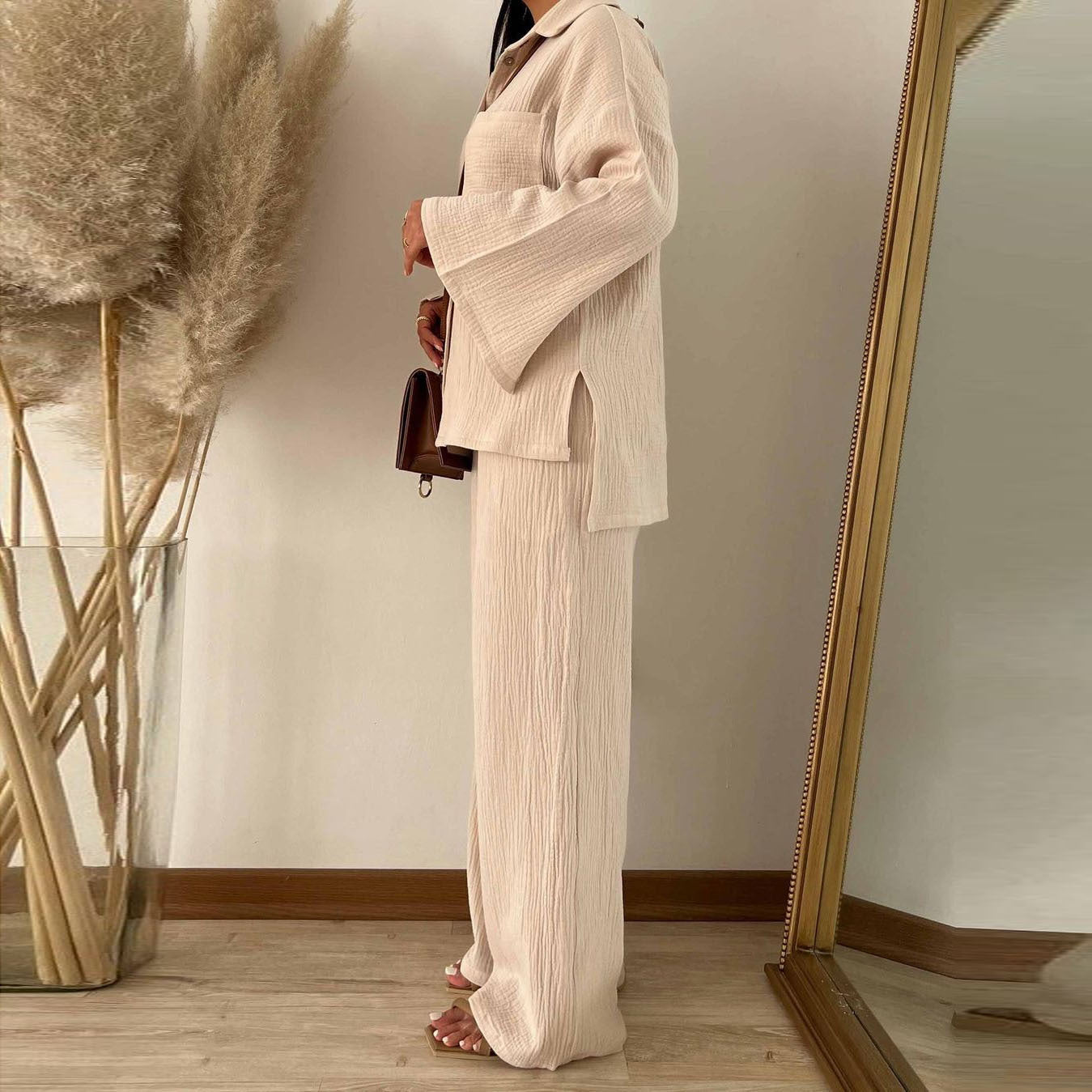 Women Clothing Autumn Champray Long Sleeve Shirt High Waist Wide Leg Pants Set