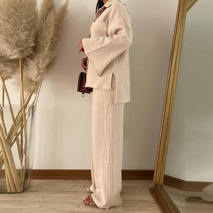 Women Clothing Autumn Champray Long Sleeve Shirt High Waist Wide Leg Pants Set