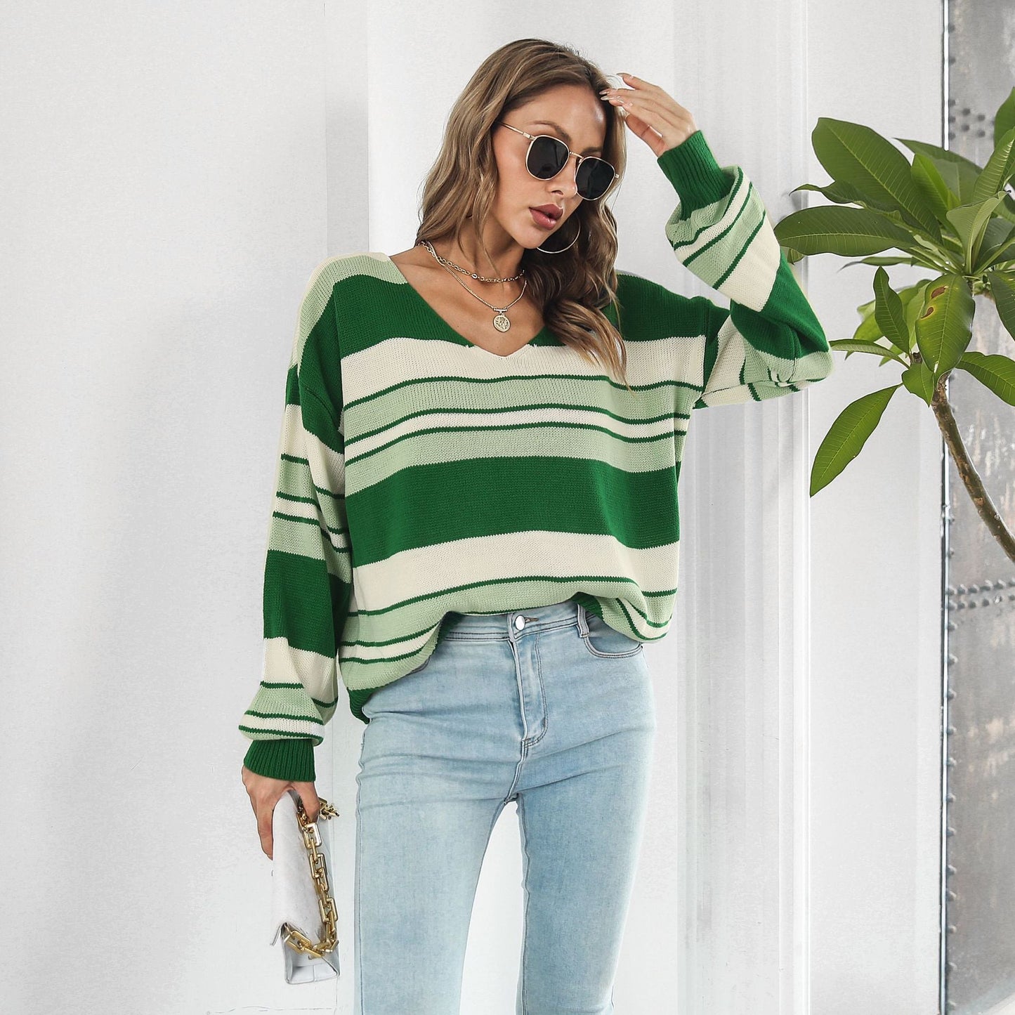 Striped Gradient Color V neck Long Sleeved Women Loose Autumn Winter Knitwear Sweater