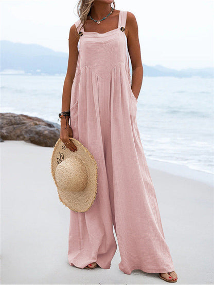 Summer New Women National Fashion Solid Color Buttons Sling Wide Leg Trousers Jumpsuit