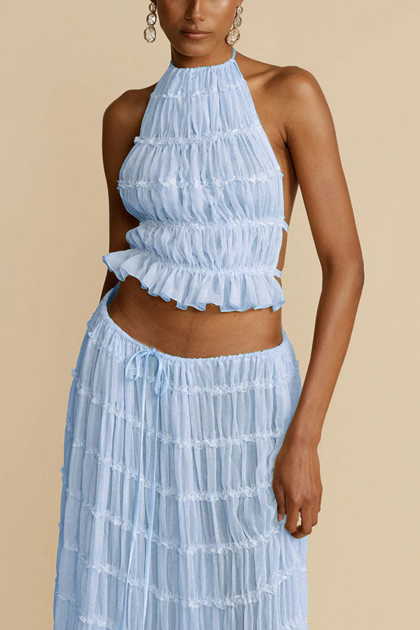 Versatile retro charm pleated drawstring waistline long skirt set