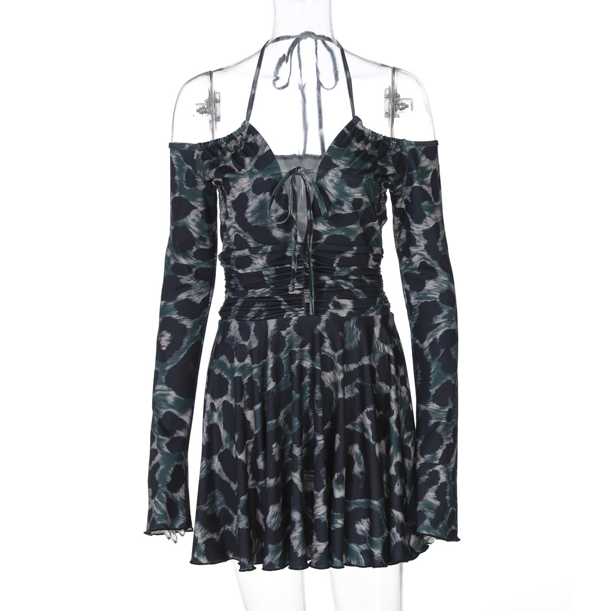 Women Clothing Pattern Print Long Sleeve Sexy Tether Halter Pleated Dress