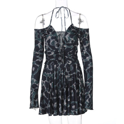 Women Clothing Pattern Print Long Sleeve Sexy Tether Halter Pleated Dress