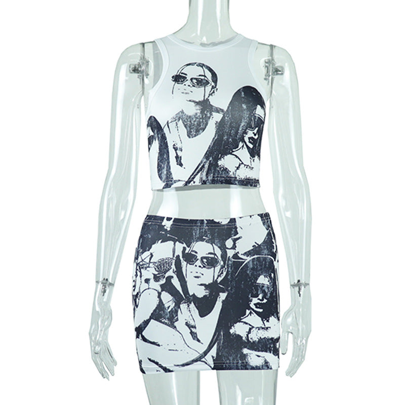 Round Neck Cartoon Printed Sleeveless Short Vest Skirt Set Women