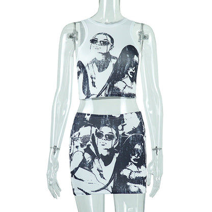 Round Neck Cartoon Printed Sleeveless Short Vest Skirt Set Women
