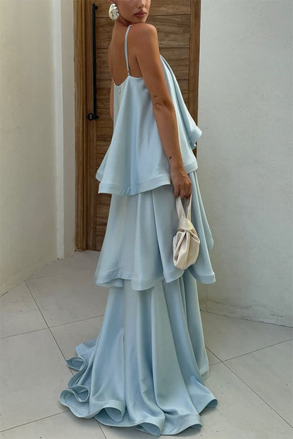 Soft and Smooth Satin Tiered Slip Square Neck A-line Maxi Dress