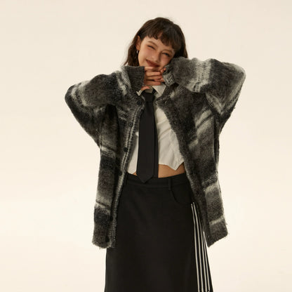 Oversized Fuzzy Striped Button-Up Cardigan