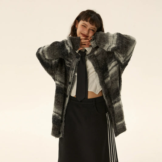 Oversized Fuzzy Striped Button-Up Cardigan