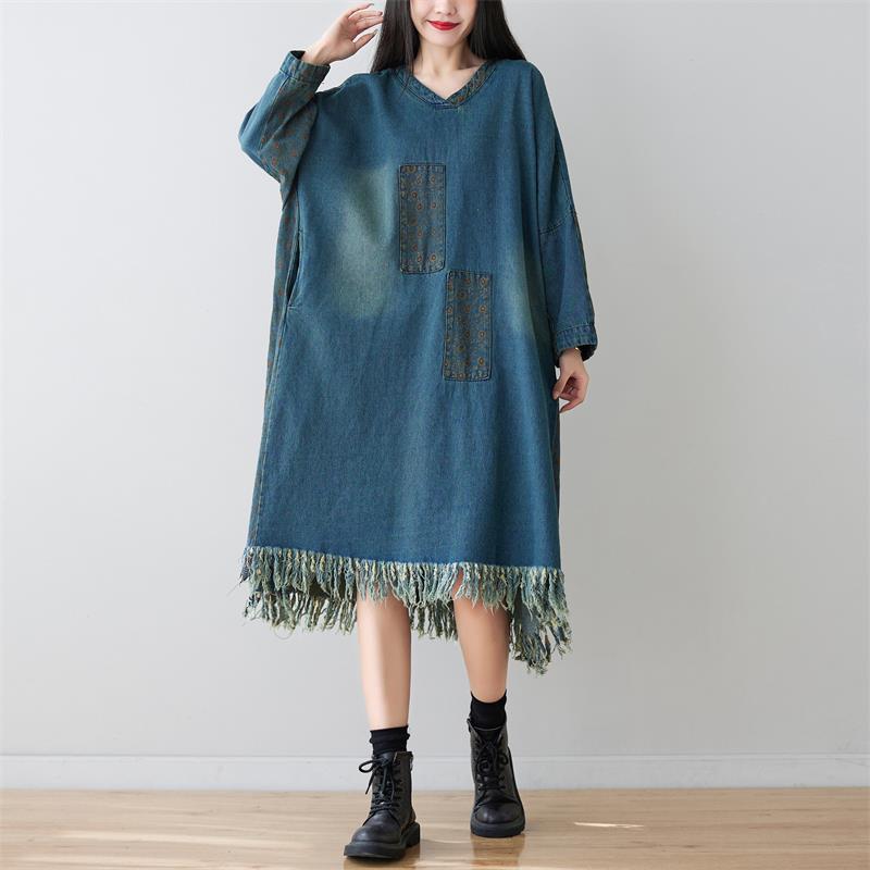 V neck Long Tassel Sweater Washed Dots Patch Long Sleeves Dress Slimming
