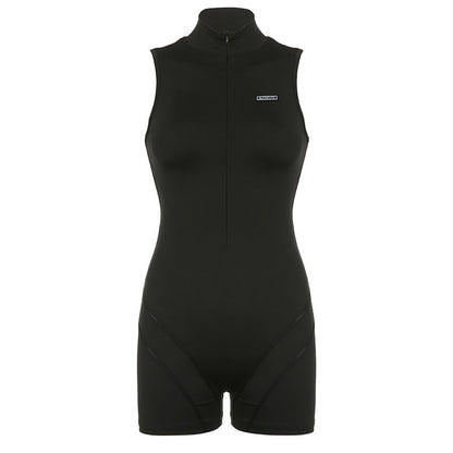 Women Clothing Summer Sleeveless Half Turtleneck Invisible Zipper Sports Jumpsuit Shorts