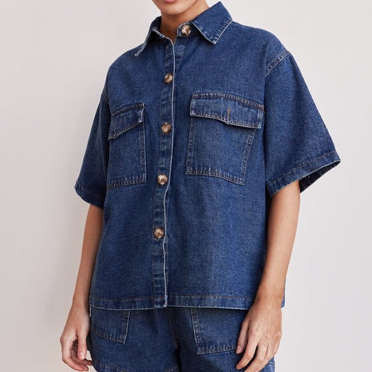Retro Casual Loose Pockets Short Sleeved Shirt Shorts Denim Two Piece Sets
