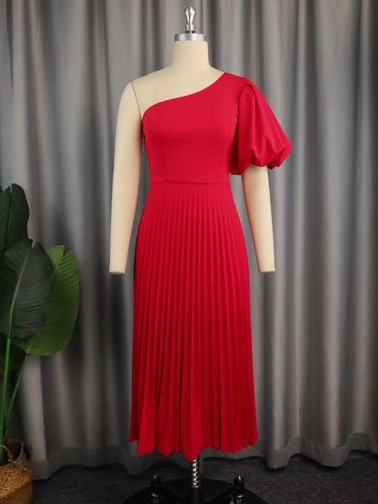 Aomei Spring Casual One Shoulder Diagonal Collar Pleated Dress Spring Outing Beach Vacation Puff Sleeve Dress Dresses
