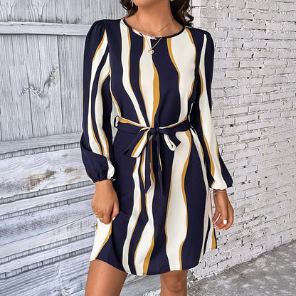 Women Multi Color Stripe Round Neck Lantern Sleeve Belt Dress Women Clothing