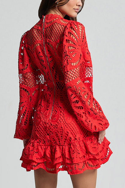 Solid Color Hollow Long-sleeved Waisted Lace Mini Dress