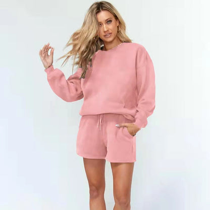 Solid Color Rib round-Neck Women Clothing Brushed Hoody Side Pocket Shorts Casual Suit