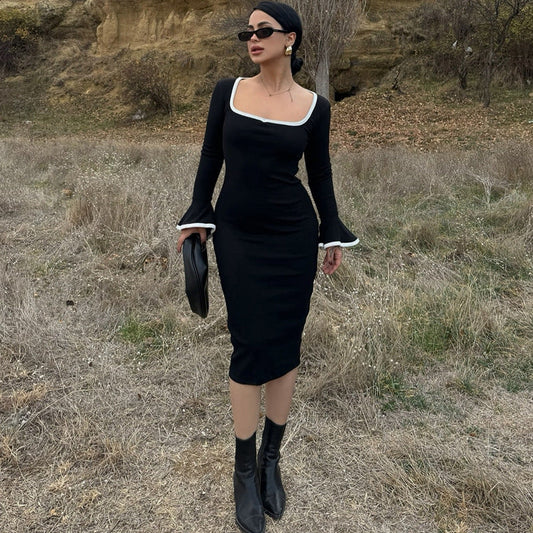 Women Clothing Winter Square Collar Contrast Color Knitted Midi Dress Bell Sleeve Sheath Dress Women