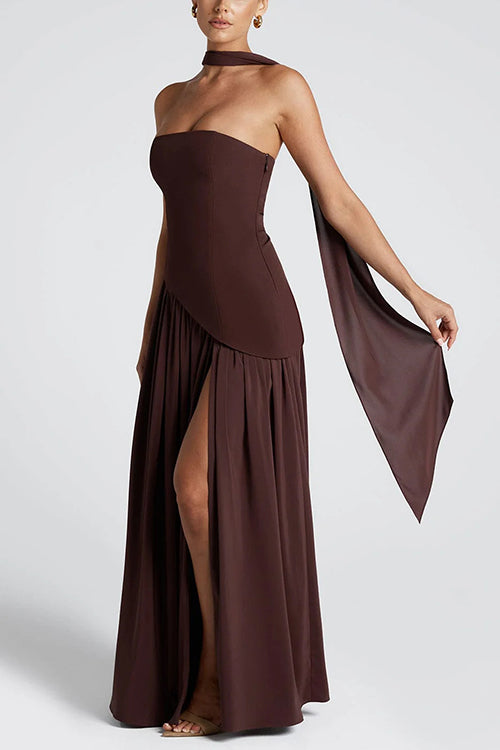  Strapless Back Lace-up High Slit Splice Maxi Dress