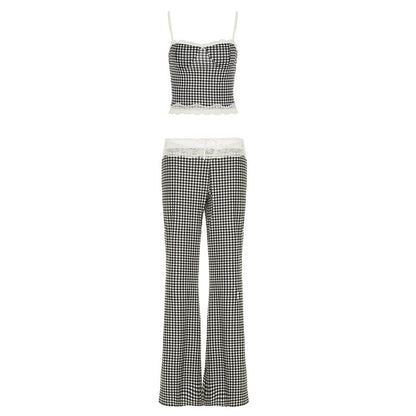 Spring Summer Women Clothing Plaid Stitching Lace Sling Bell Bottom Pants Street Two Piece Set