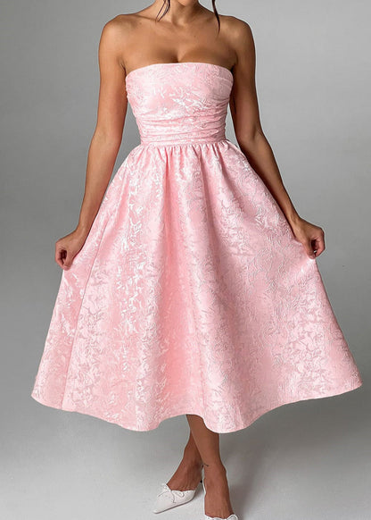 Blush Rosette – Strapless Jacquard Midi Dress with Corset Back