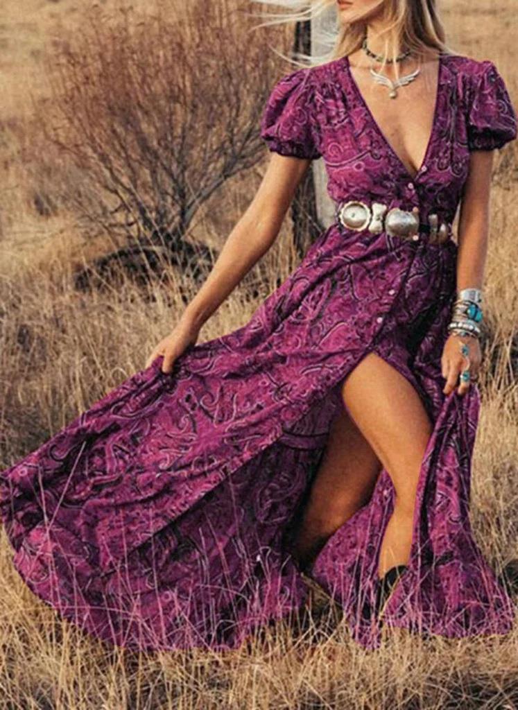Women Fashion Casual Boho Printed V-Neck Short Sleeve Dress