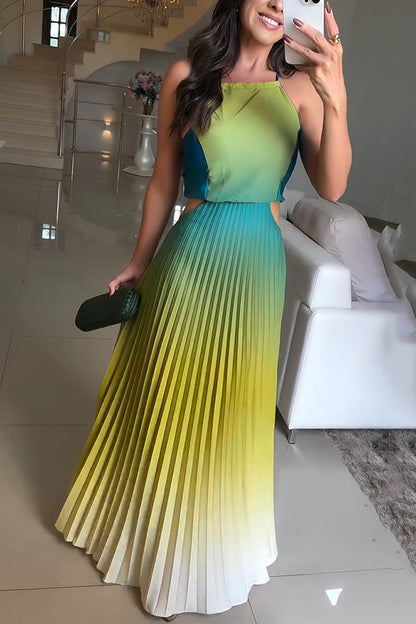 Fashionable Backless Tie Elegant Gradient Pleated Maxi Dress