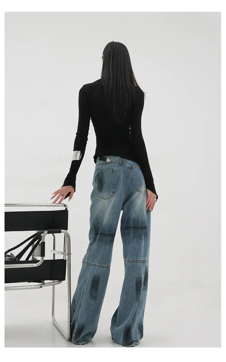 Vintage Distressed And Dirt-Dyed Patchwork Wide-Leg Jeans