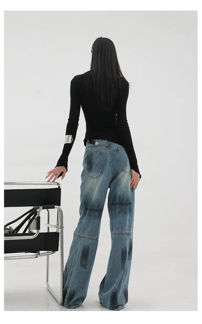 Vintage Distressed And Dirt-Dyed Patchwork Wide-Leg Jeans