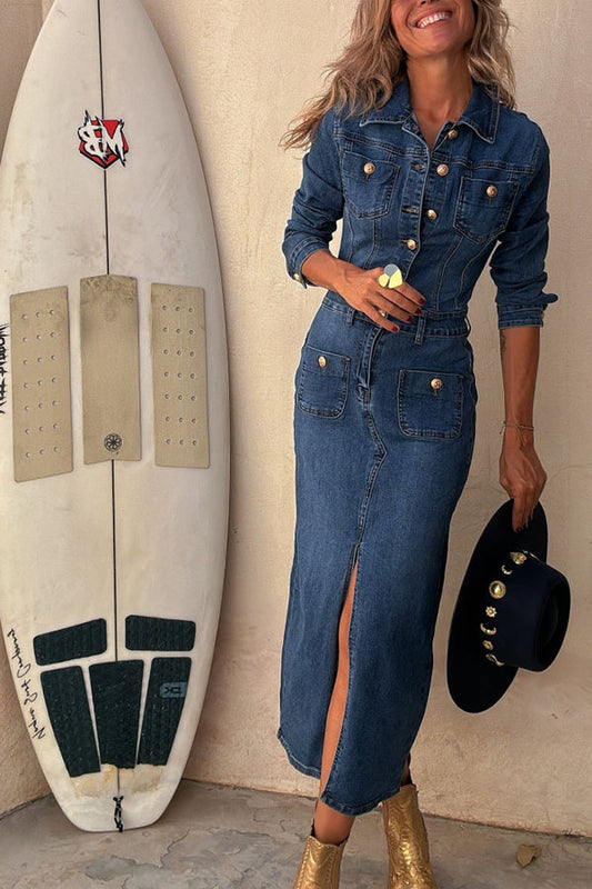 Tessy Denim Metal Button Zipper Shirt Stretch Pencil Slit Midi Dress