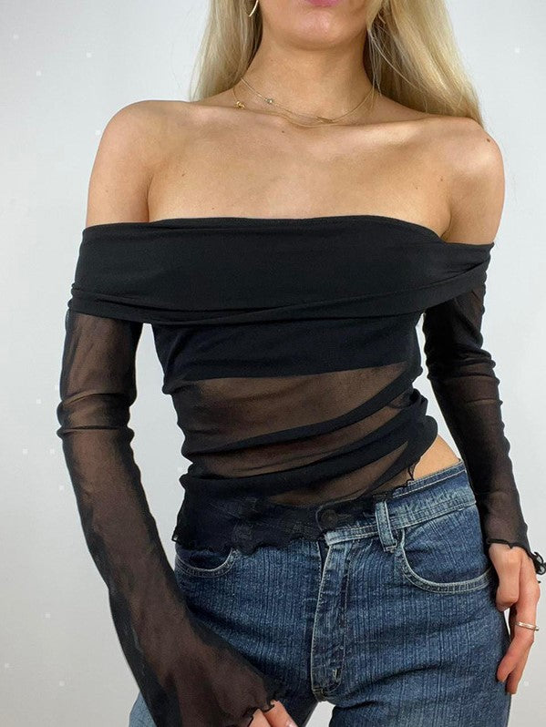 Pullover Off Shoulder Long Sleeve Mesh Sheer Casual Top