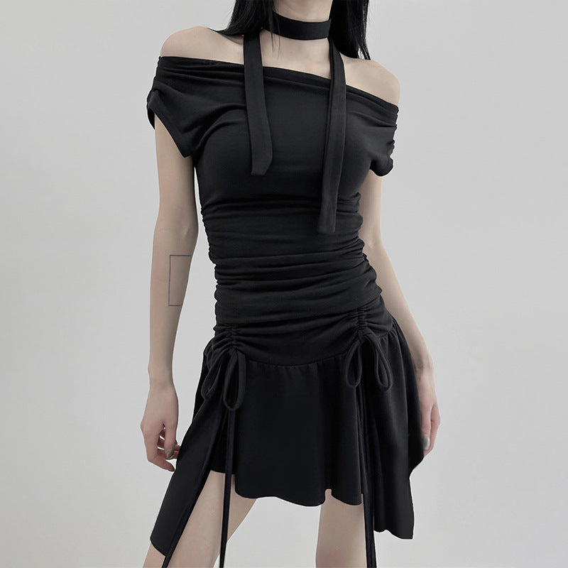 Sexy Drawstring Lace Pleated Waist Tight Slimming Irregular Asymmetric Dress Multiple Wear off the Shoulder Slim Fit