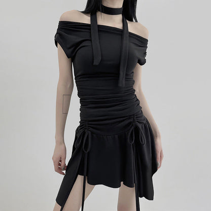 Sexy Drawstring Lace Pleated Waist Tight Slimming Irregular Asymmetric Dress Multiple Wear off the Shoulder Slim Fit