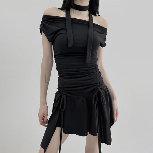 Sexy Drawstring Lace Pleated Waist Tight Slimming Irregular Asymmetric Dress Multiple Wear off the Shoulder Slim Fit