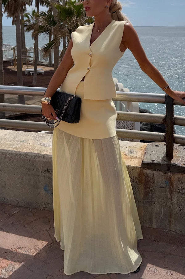 Stylish and Elegant Knit Spliced Tulle Elastic Waist Pleated Maxi Skirt