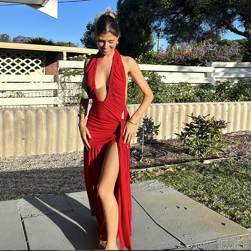 Autumn Winter Women Clothing Elegant Halter Sexy Backless Deep V Plunge neck Pleated High Slit Dress