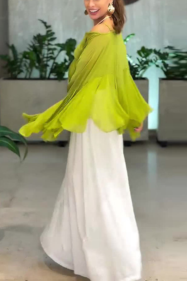 Romantic Journey Chiffon Ruffle Batwing Sleeve Top and Elastic Waist Pocket Loose Pants Set
