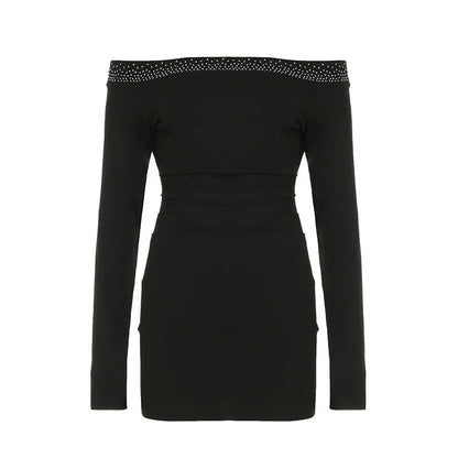 Rhinestone off Neck Elegant Pleated Waist Controlled Slimming Long Sleeve Dress Sexy off Shoulder Hip Dress