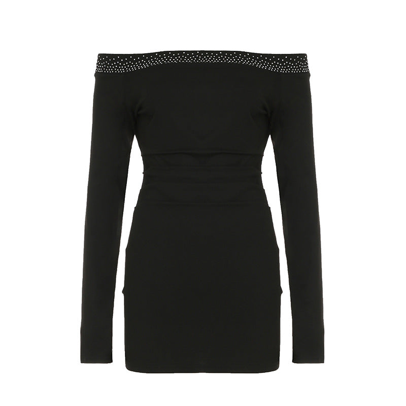 Rhinestone off Neck Elegant Pleated Waist Controlled Slimming Long Sleeve Dress Sexy off Shoulder Hip Dress