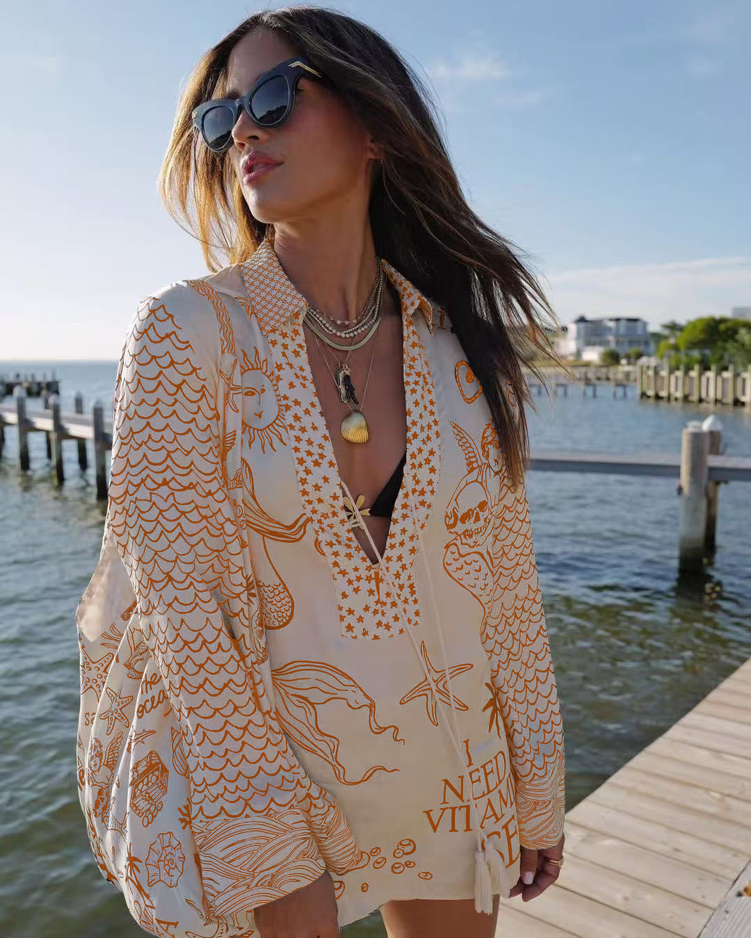 Ladies' Wealthy Satin Unique Printed Tassel Shirt and Elastic Waist Shorts Set