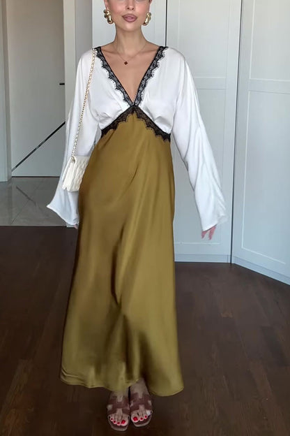 Lainei Contrast Color Satin Lace Trim V-neck Long Sleeve Maxi Dress