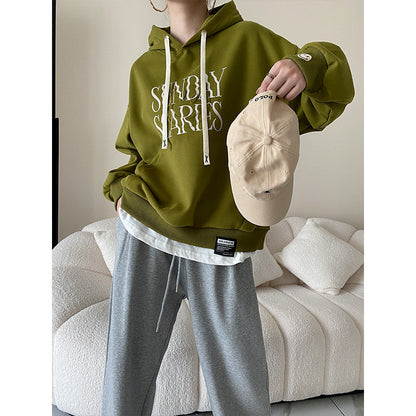 Letter Graphic Design Faux Two Pieces with Velvet Thickened Hooded Sweatshirt Early Autumn