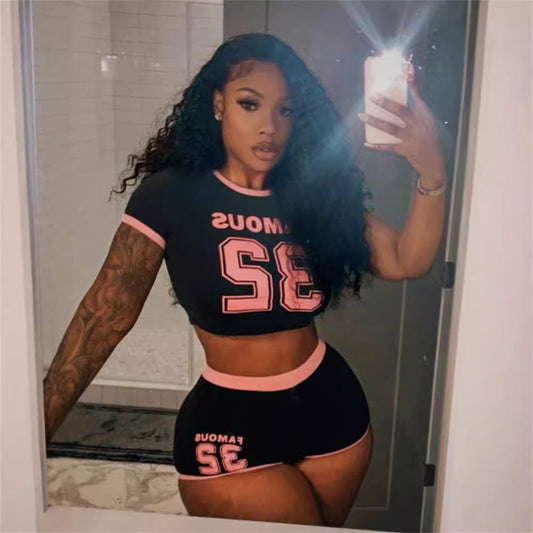 Summer Popular Sports Elastic Letter Graphic Printed Street T shirt Shorts Set Women