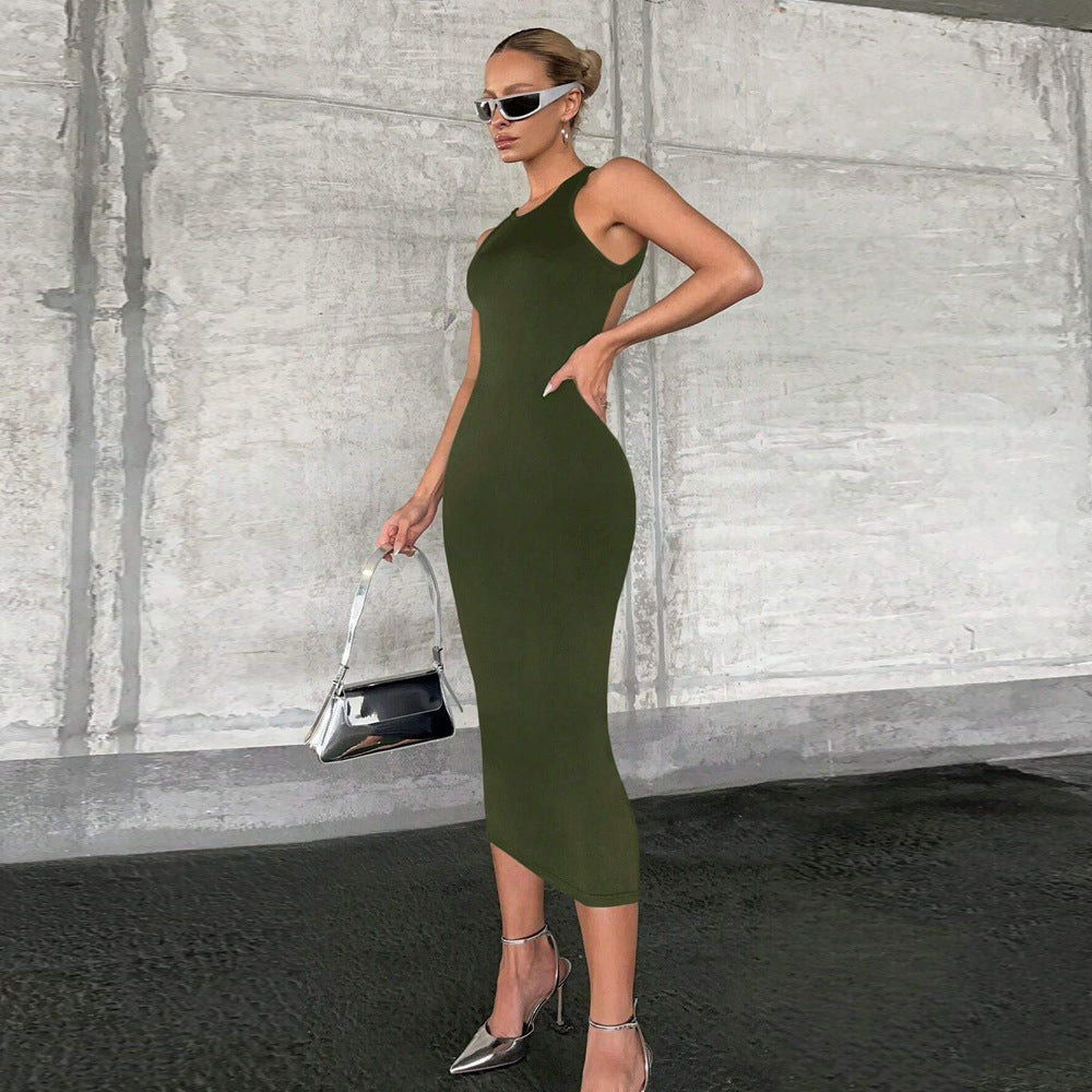 Women Clothing Spring Summer Solid Color Slim Fit Sexy Cutout Vest Dress