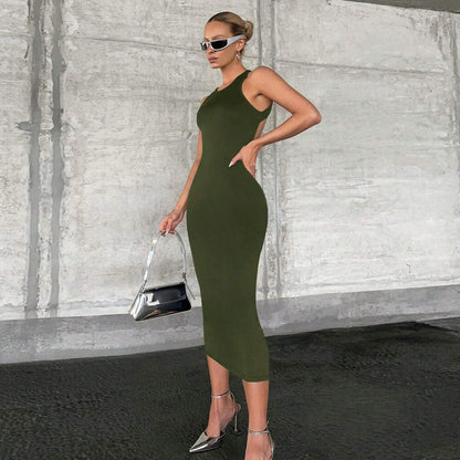 Women Clothing Spring Summer Solid Color Slim Fit Sexy Cutout Vest Dress