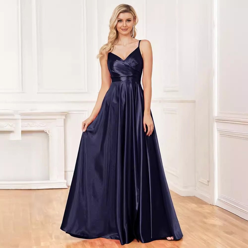 Sexy Sling Silk Dress Backless Blue Maxi Dress Bridesmaid Evening Dress Women