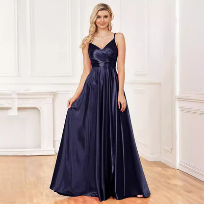 Sexy Sling Silk Dress Backless Blue Maxi Dress Bridesmaid Evening Dress Women
