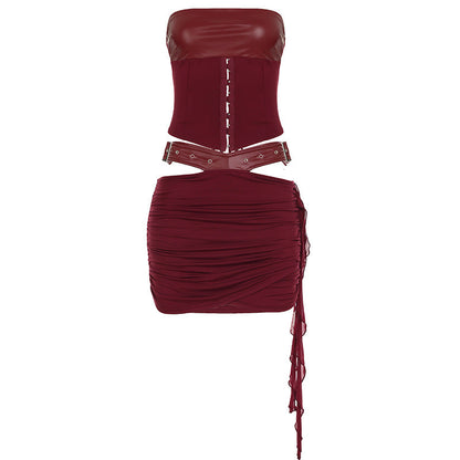 Vintage Court Waist Shaping Lace up Tube Top Leather Hollow Out Cutout out Wrist Hanging Package Hip Skirt Set Women