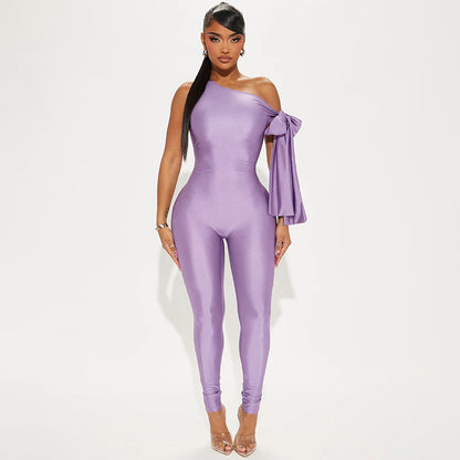 Women Clothing Summer One Shoulder Sexy Twisted Asymmetric Tight Jumpsuit